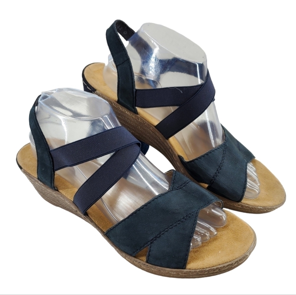 Rieker Sandals Ws Sz 41 US 9.5 Gray Tan Strappy Slip On Wedge Quiet Luxury NWOT